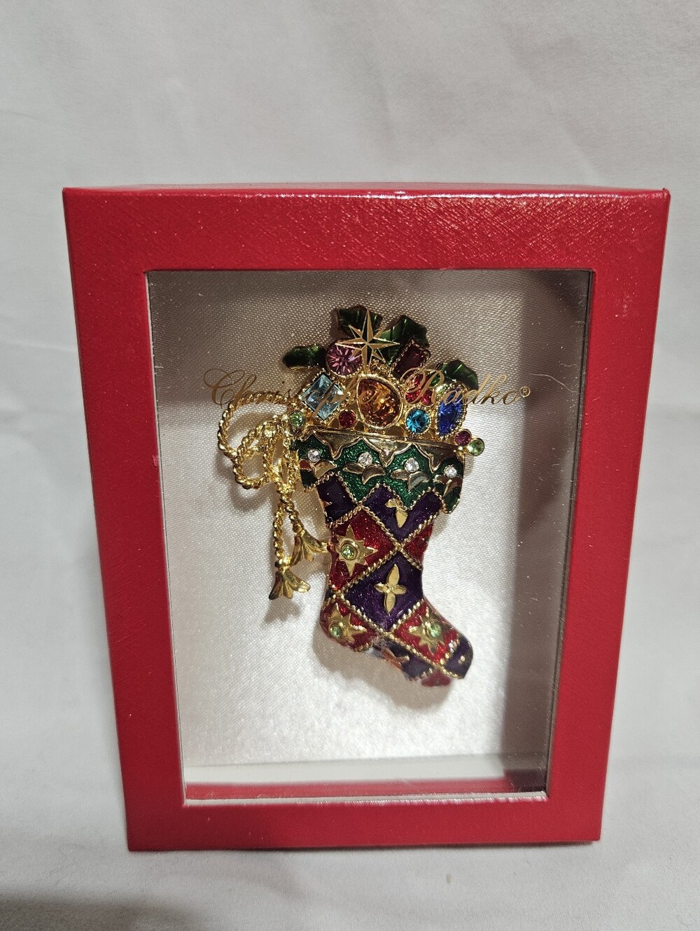 VTG Christopher Radko Enamel Rhinestone Christmas Stocking Brooch Pin with Box